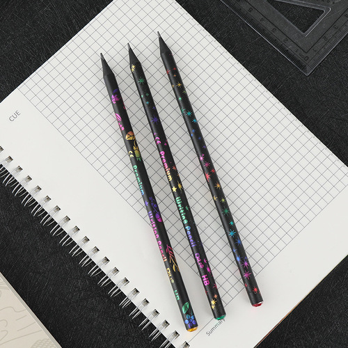 Qili black wood pencil cartoon creative color printing elementary school students with diamond HB pencil cross-border black belt rubber pencil