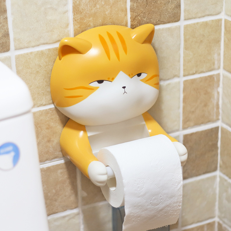 如果 创意卫生间装饰纸巾筒卡通猫咪卫浴PVC免钉卷纸筒一件代发