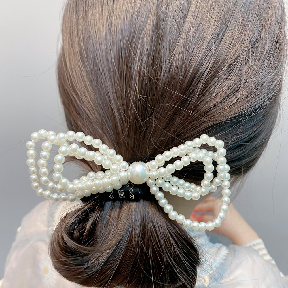 Pearl Three-layer Bowknot Hair Scrunchies Retro Hairpin display picture 1