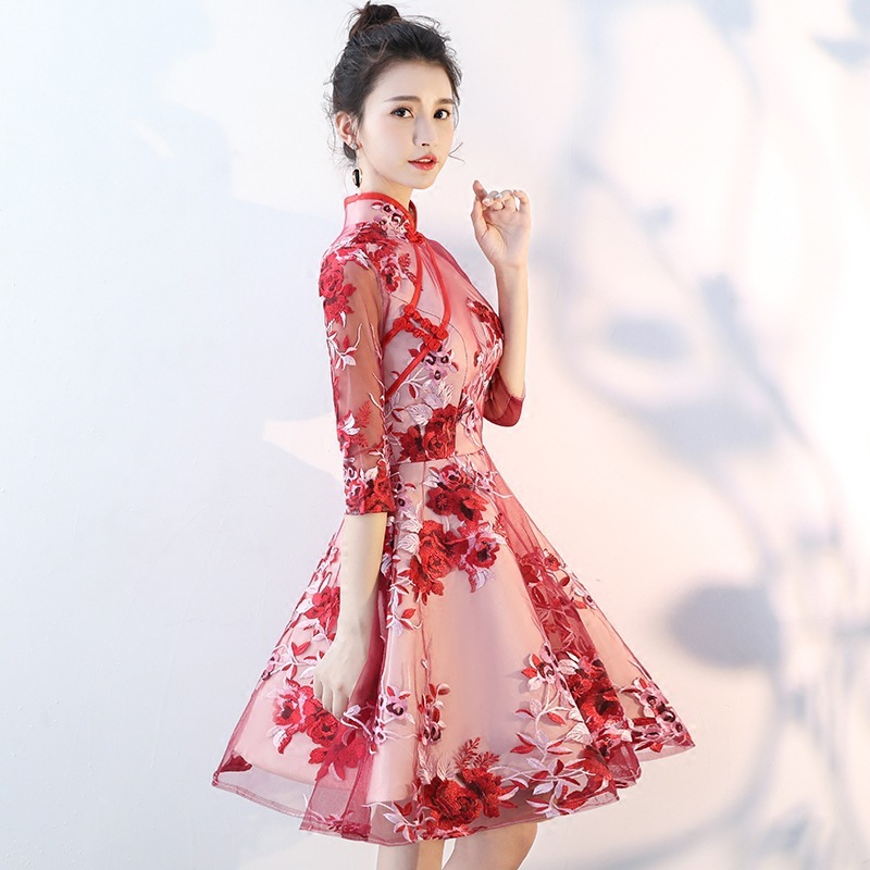 Qipao, toasting attire, 2023 new summer short style bride's wedding, return  to home attire, Chinese style dress, princess