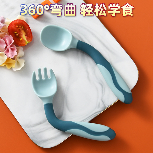 Infant twisting spoon and fork bent crooked handle silicone spoon children's baby training spoon and fork combination baby food supplement tableware