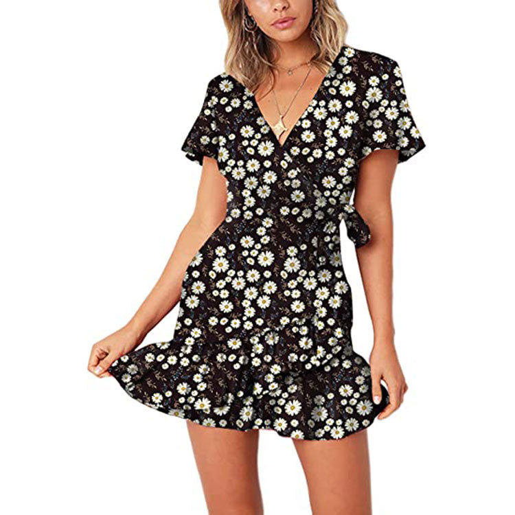 Amazon Ebay Cross-border Hot Sale Summer Women's Short-sleeved Printed V-neck Casual Short Butterfly Tie Ruffle Skirt