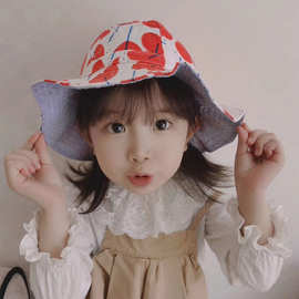 日本单红果子双面可戴女童渔夫帽春夏款户外遮阳帽儿童太阳帽百搭