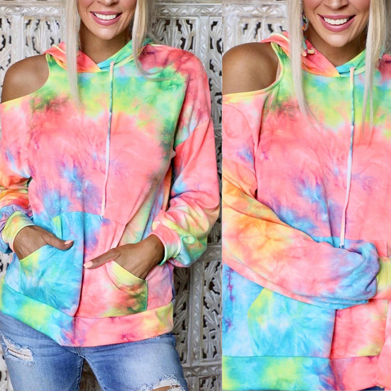 tie-dye printing off-shoulder long-sleeved pocket hooded sweater NSZH28687