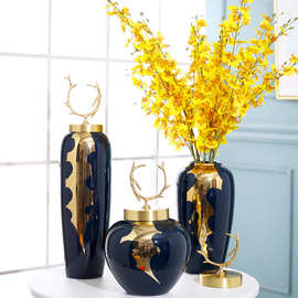 新中式陶瓷花瓶欧式轻奢铜盖装饰摆件 客厅干花插花家居饰品