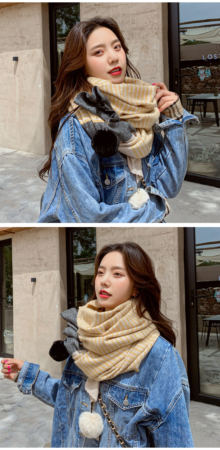 Striped Double Ball  Korean Fashion Long Soft Shawl Warm Dual-use Scarf display picture 12