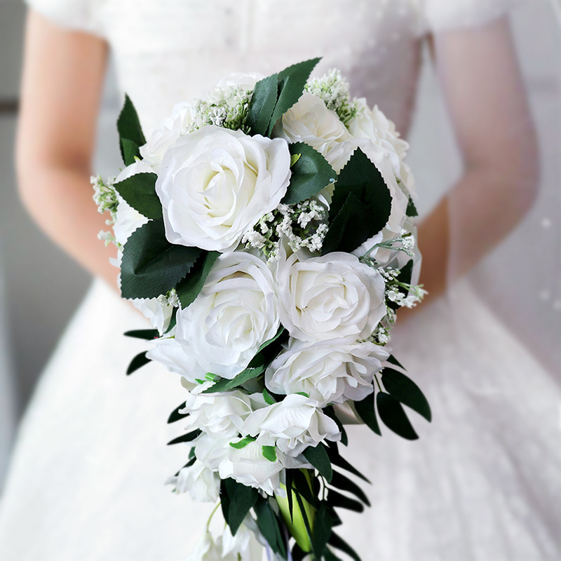 Cross-border wedding bride's water drop bouquet European style fresh white simulated rose bouquet multi-color can be customized