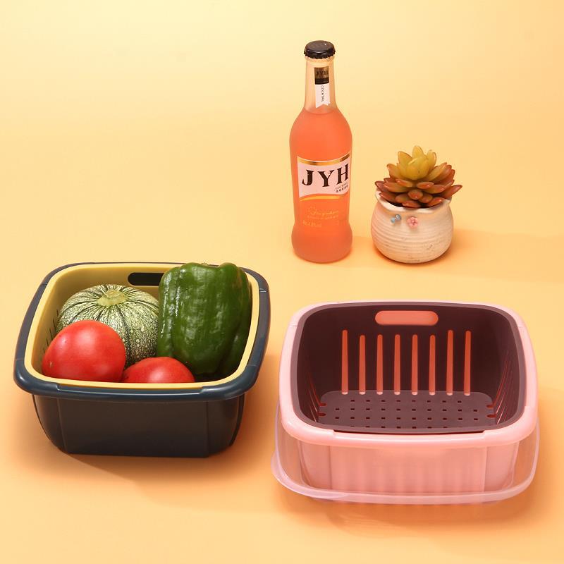 创意多功能双层沥水篮带盖果篮厨房冰箱沥水保鲜盒塑料水果收纳篮|ru