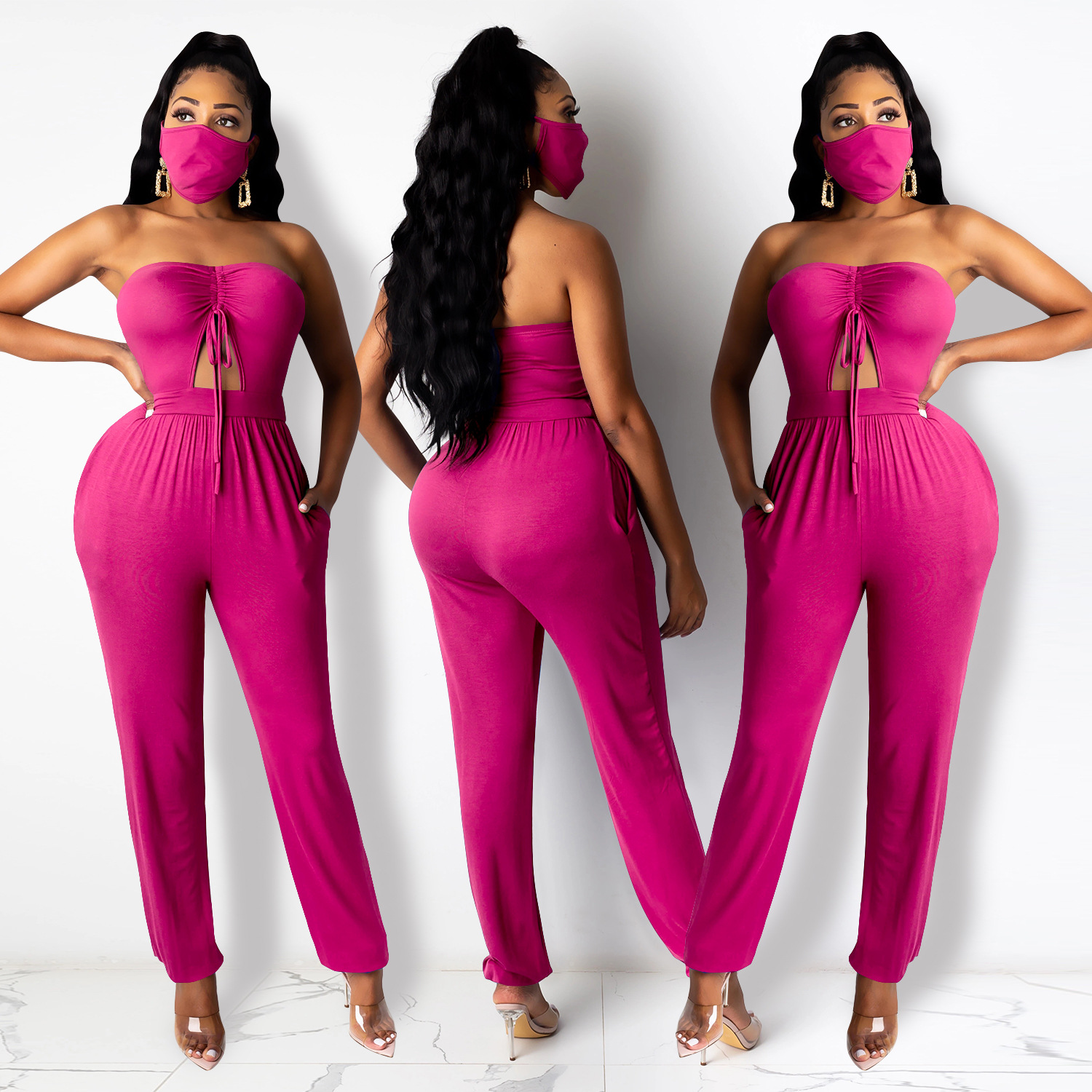 Sexy Sleeveless Tube Top Tight Drawstring Jumpsuit (Including Mask) NSXYZ100490