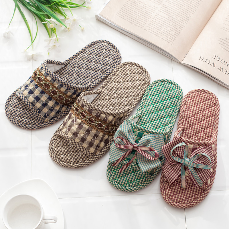Korean style plaid fabric slippers for men and women couple home indoor non-slip beef tendon soft bottom spring and autumn cotton slippers winter