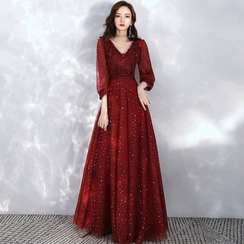 Evening dresses prom dress Robes de soirée evening gowns yarn large season Red Long Sleeve Dress Party Dress