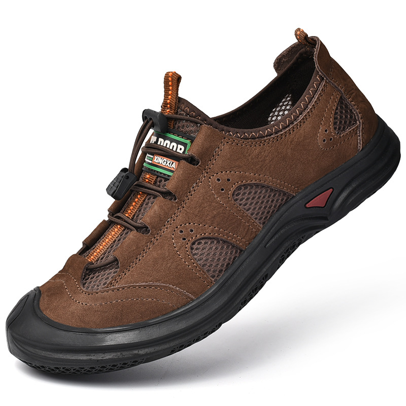 新款登山鞋男鞋头层牛皮休闲鞋真皮透气网鞋厚底耐磨户外休闲皮鞋|ms