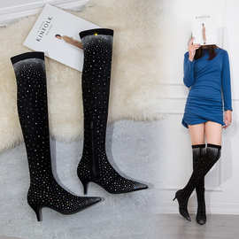 183-2欧美简约冬季长筒靴细跟高跟绒面尖头性感显瘦加绒过膝长靴