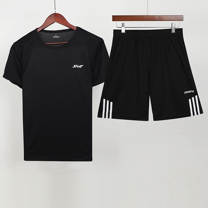 夏季运动套装男速干短袖短裤 宽松透气三条杠休闲跑步篮球训练服