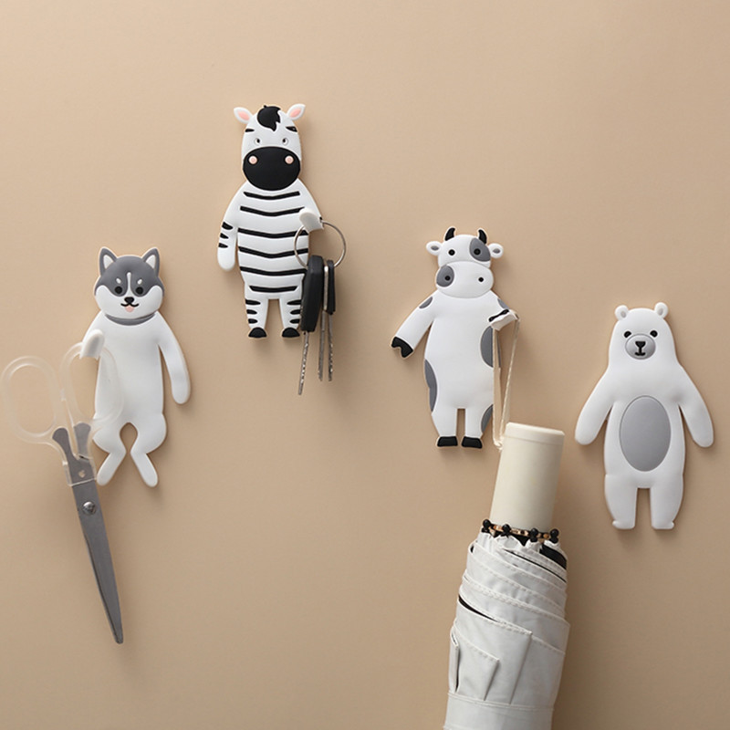 Cute cartoon animal hook punch-free flexible refrigerator sticker key hanger behind the door flexible glue sticky hook coat hook