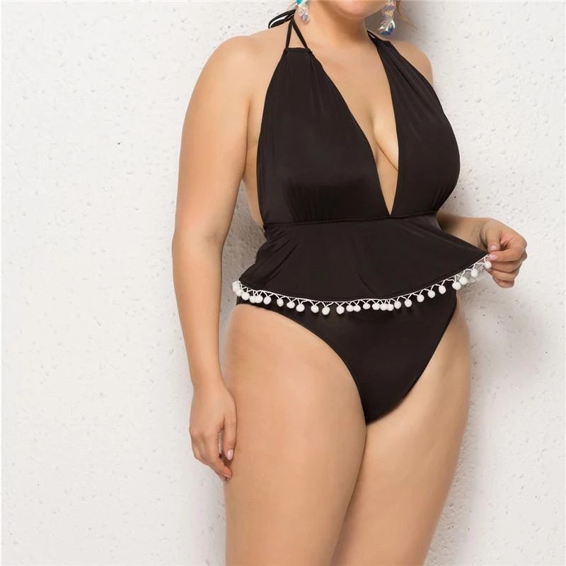 plus size tassel ball solid color open back one-piece swimsuit NSYLH122101