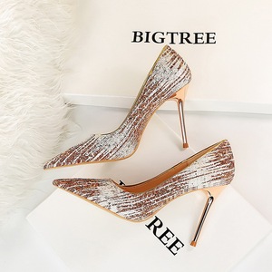 9219-36 Europe and sexy nightclub show thin high-heeled shoes high heel with shallow pointed mouth shining sequins women