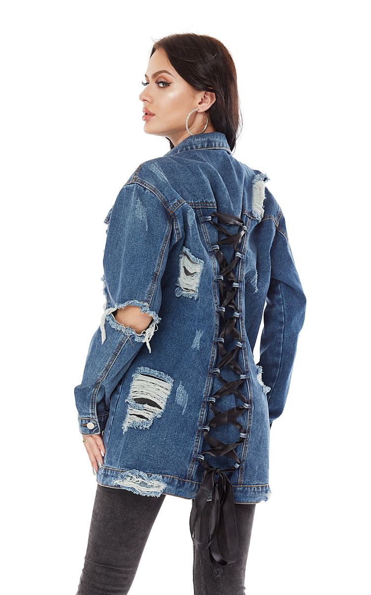 loose ripped long denim jacket   NSSY9498