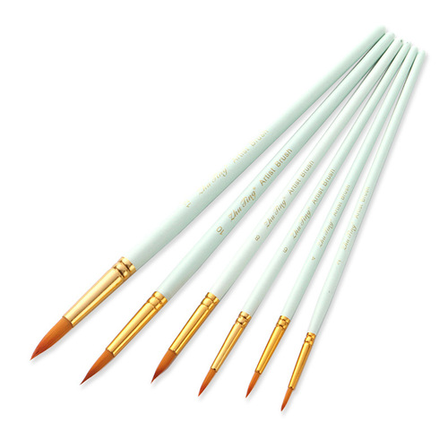 6 sharp pink rod nylon hair brushes, nylon hair watercolor brushes, gouache acrylic brushes