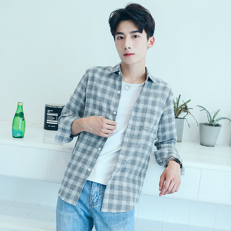 2020 camisa a cuadros de manga larga de estilo coreano de los hombres slim fit juventud moda guapo camisa pareja casual Camisa delgada