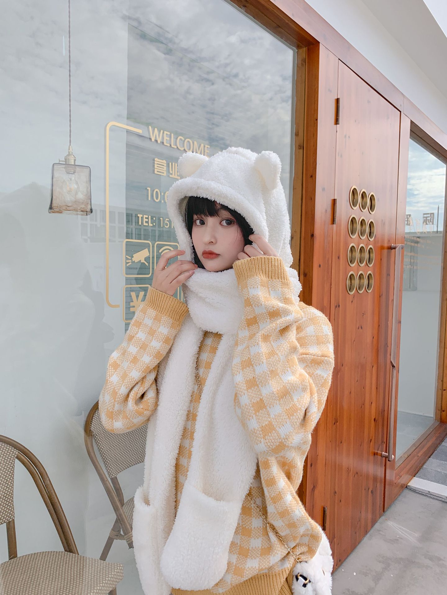 Set, hat, scarf, white gloves, increased thickness, with little bears, 3 piece set
