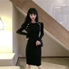 Round neck button embellishment buttock skirt knitted skirt bottomed skirt long sleeve dress