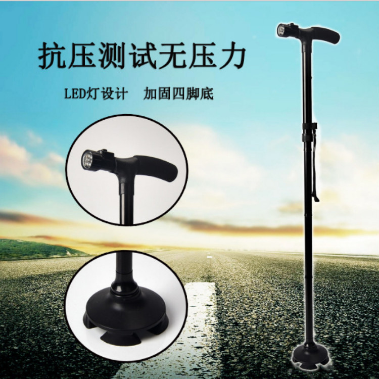 LED luz ancianos bastón antideslizante plegable de aleación de aluminio de cuatro patas bastón telescópico bastón con cinturón de luz