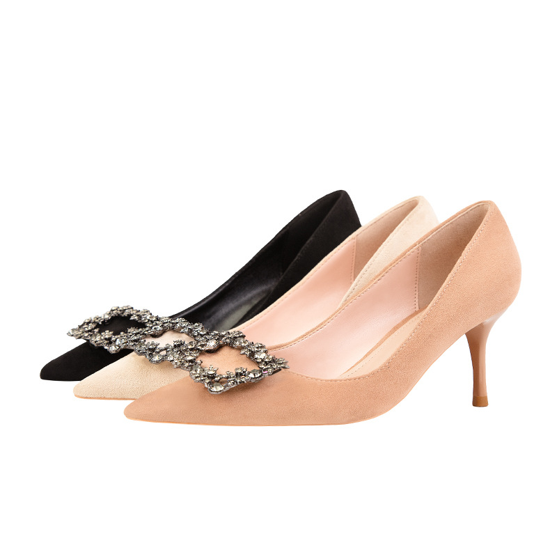 121-9 European and American fashion sexy show thin thin high heels for women's shoes with high light mouth pointed diamond square buckle documentary shoes