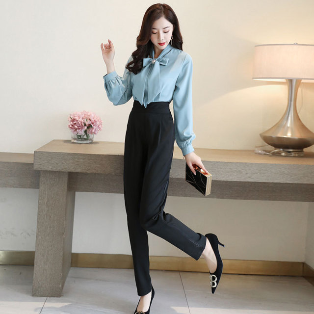 Spring bow tie long sleeve shirt + high waist nine point pants two piece set