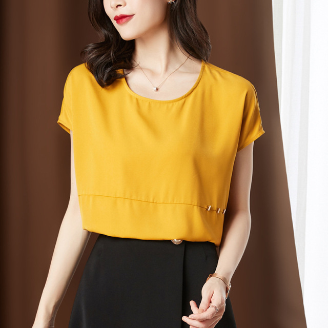 Round neck short sleeve chiffon shirt female summer cover belly top loose T-shirt small shirt