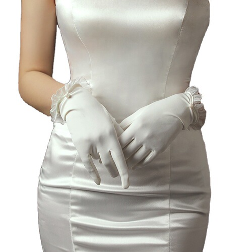 New bridal wedding dress gloves short tulle pearl white gloves