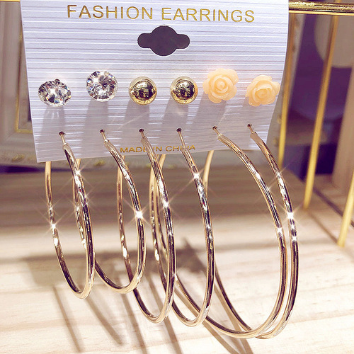 Factory Direct Supply Bestselling in Europe and America New Pearl Circle Hoop Earrings Set of 6 Creative Simple Multi-Element Earrings