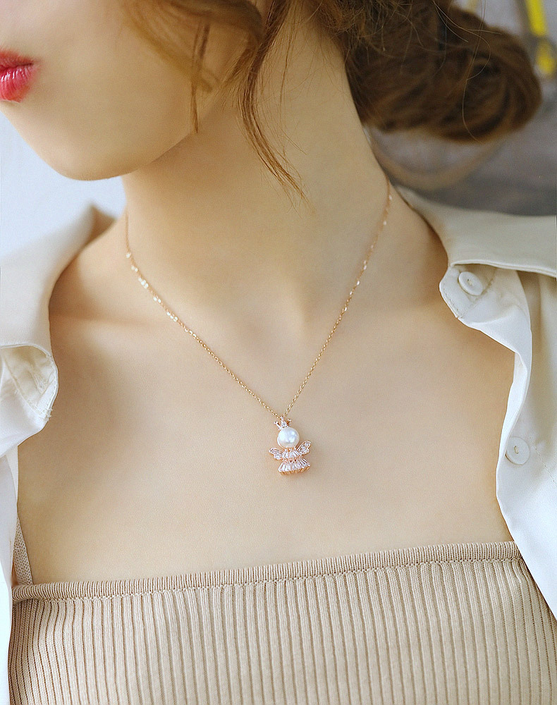 Korean Pearl Diamond Little Princess Angel Lady Necklace display picture 6