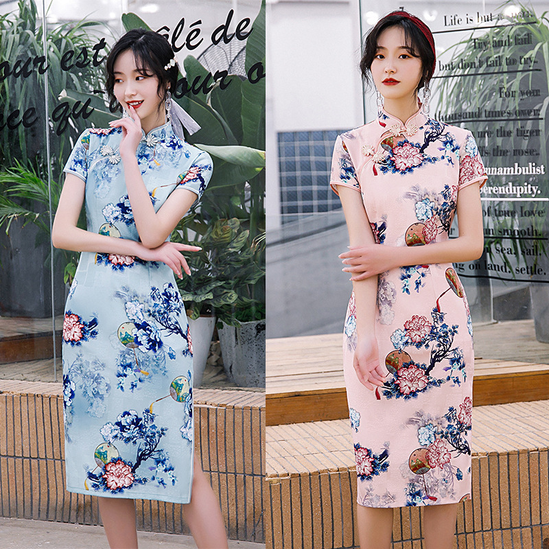 Chinese Dress cheongsam for womenWomen&apos;s cotton cheongsam Print Photo short sleeve cheongsam skirt