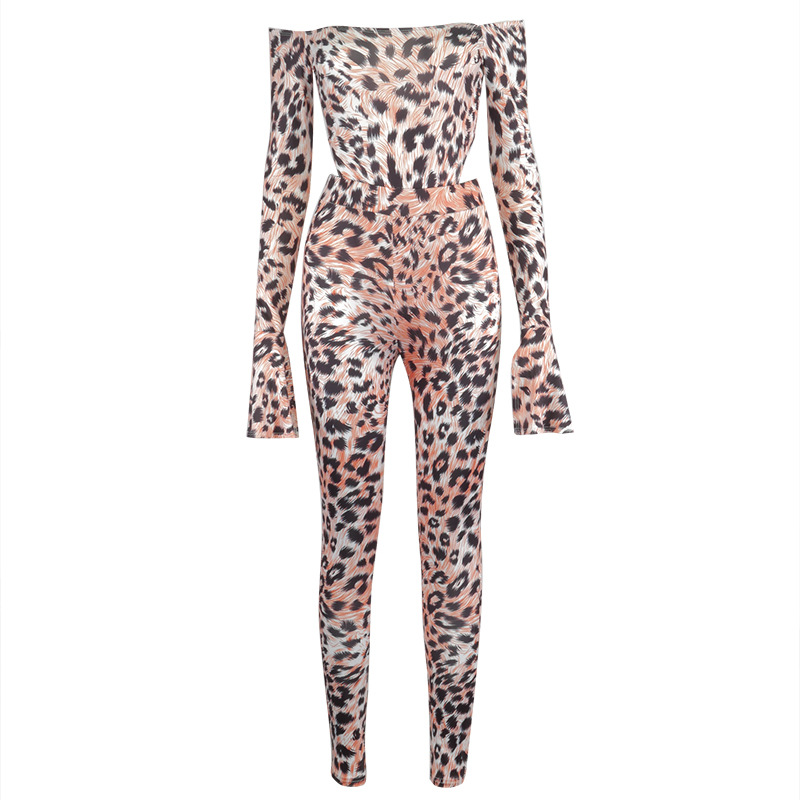 strapless flared sleeve bodysuit leopard print trousers suit NSHLJ43208