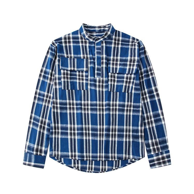 Men's Shirt High Street Plaid Striped Henley Collar Long Sleeve Shirt Jacket Image 4