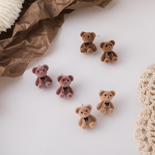 Cute flocked bow bear earrings Japanese and Korean cartoon girl earrings autumn and winter versatile Internet celebrity plush ear jewelry