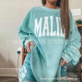 2020欧美女装跨境电商亚马逊独立站宽松坑条印花蓝色女卫衣