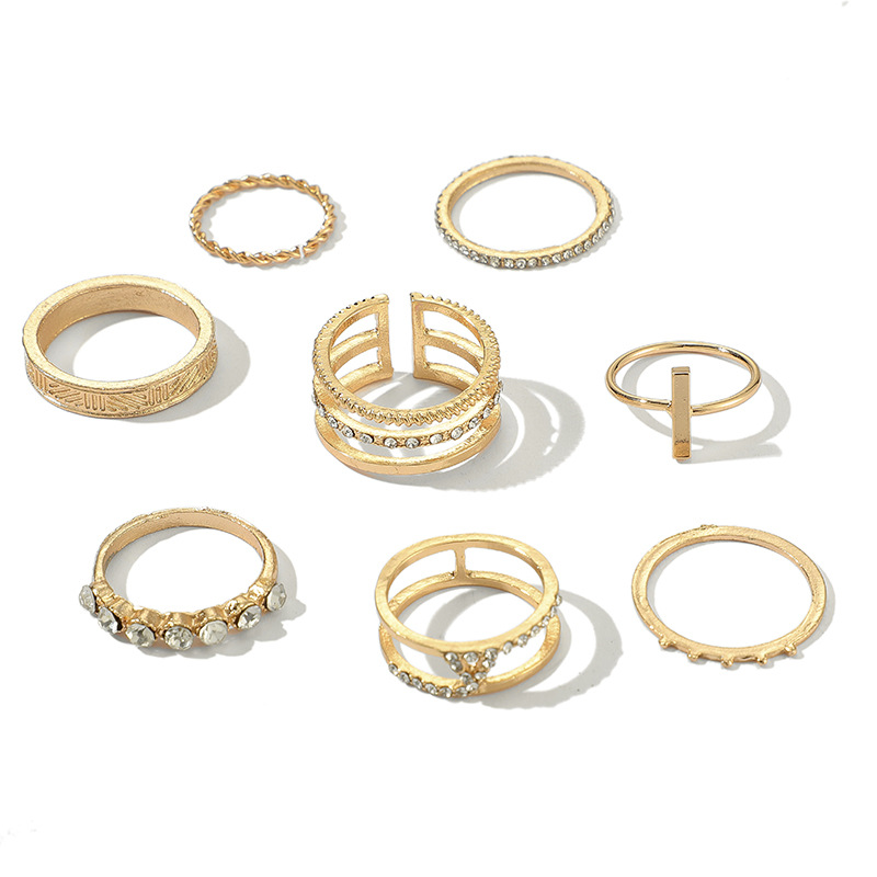 Fashion Rings For Women Twist Diamond Open Slotted Ring 8-piece Retro Joint Ring Set display picture 2