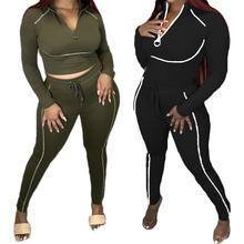 DY6627新款速卖通ebay独立站欧美女装个性线条拉链长袖长裤套装