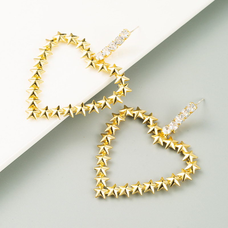 Exaggerated Golden Heart-shaped Alloy Inlaid Rhinestones S925 Silver Needle Fashion All-match Earrings Wholesale display picture 6