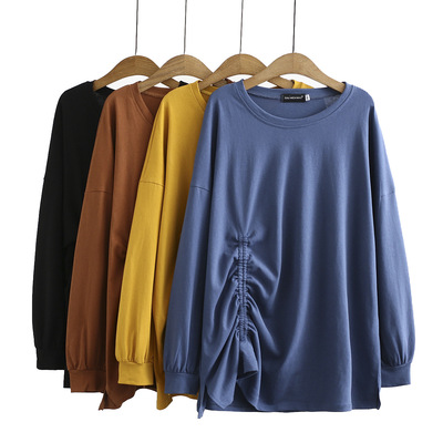 Super large code Women's wear Autumn Easy fashion Drawstring Long sleeve Sweater Simplicity Solid T-shirts Socket jacket 482036