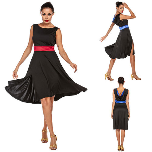 Women girls Black with red blue Latin dance dresses side slit salsa rumba cha cha performance outfits for female 