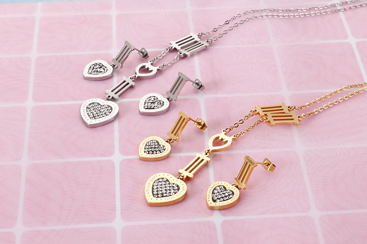 fashion heart-shaped stainless steel Roman numerals neckalce earrings set wholesale Nihaojewelry