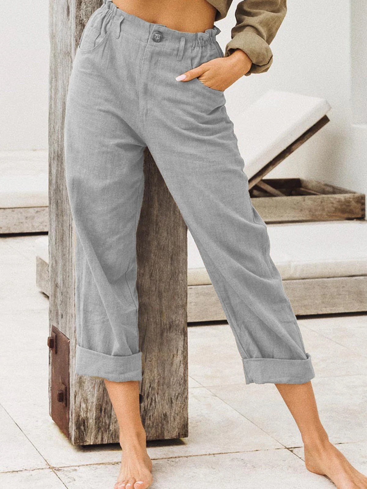 new style solid color cotton and linen fashion loose high waist casual trousers NSHHF62726