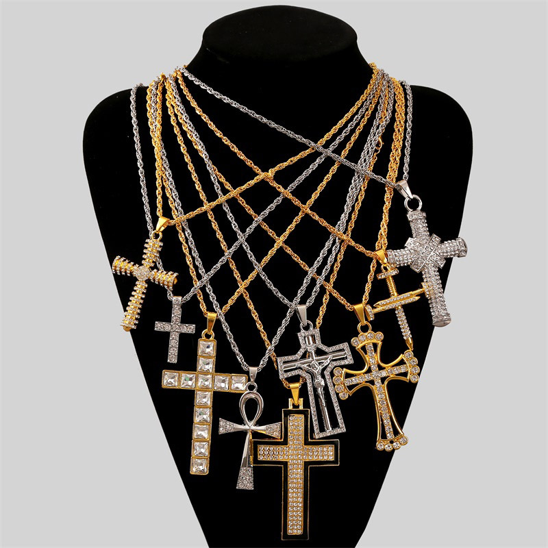 exaggerated hip hop cross necklace creative hip-hop rhinestone pendant jewelry wholesale nihaojewelr