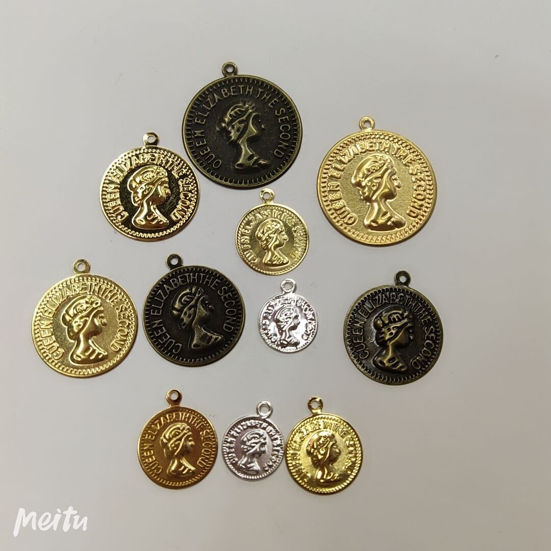 饰品DIY配件有吊孔美人头女王铁片复古钱币发绳花边吊坠1000个/包