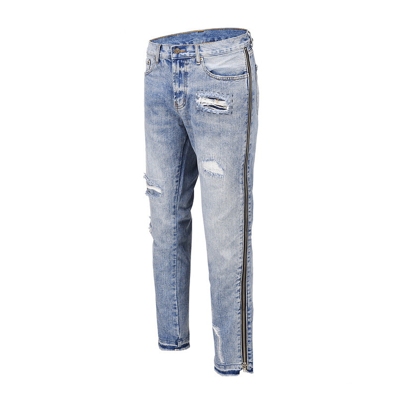 Men's Clothing high street fashion brand Distressed washed ripped cat whisker destroyed deconstructed long zipper jeans_voghion.com