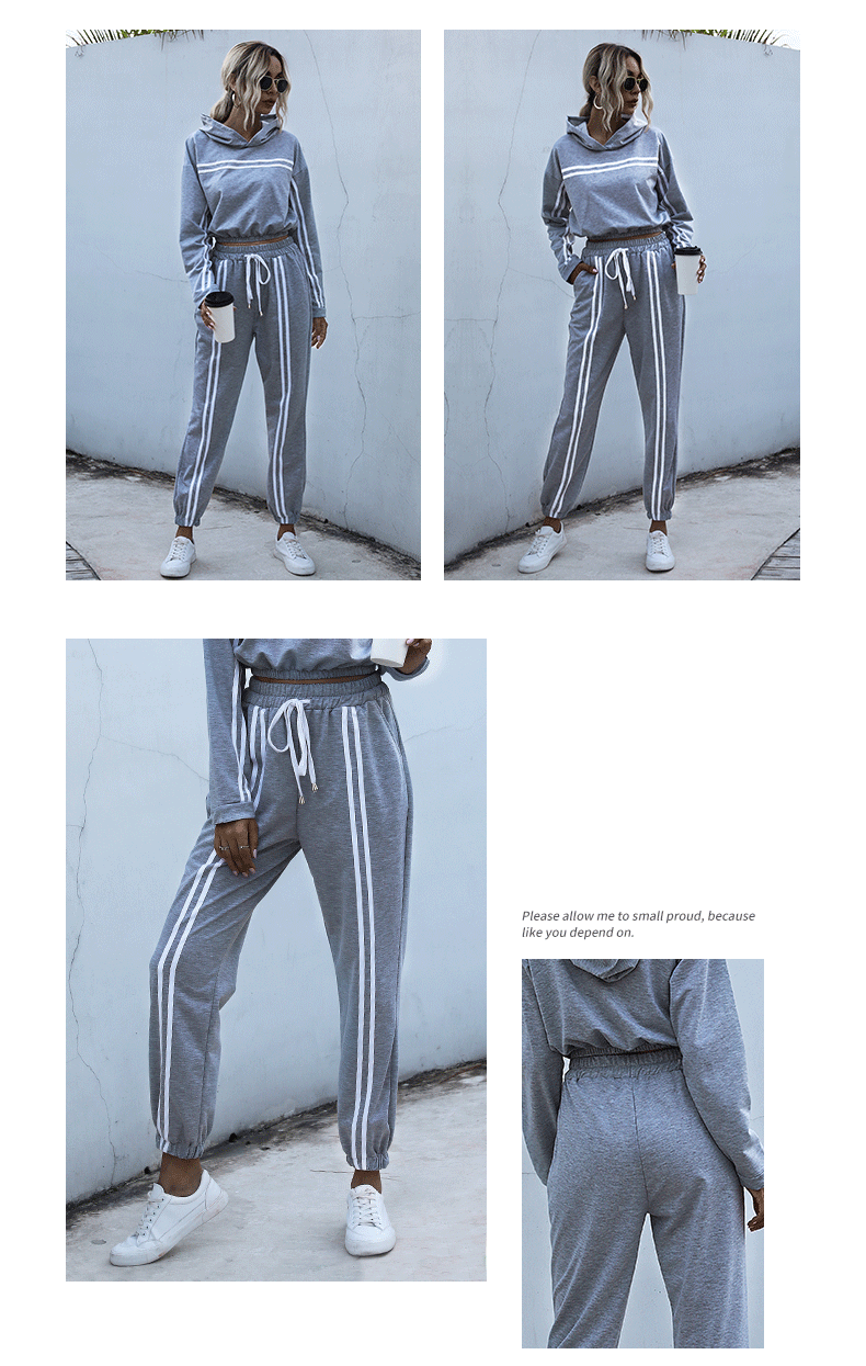 Ensemble à rayures à capuche pour femmes taille haute décontracté sport pull à capuche pantalon ensemble deux pièces_voghion.com