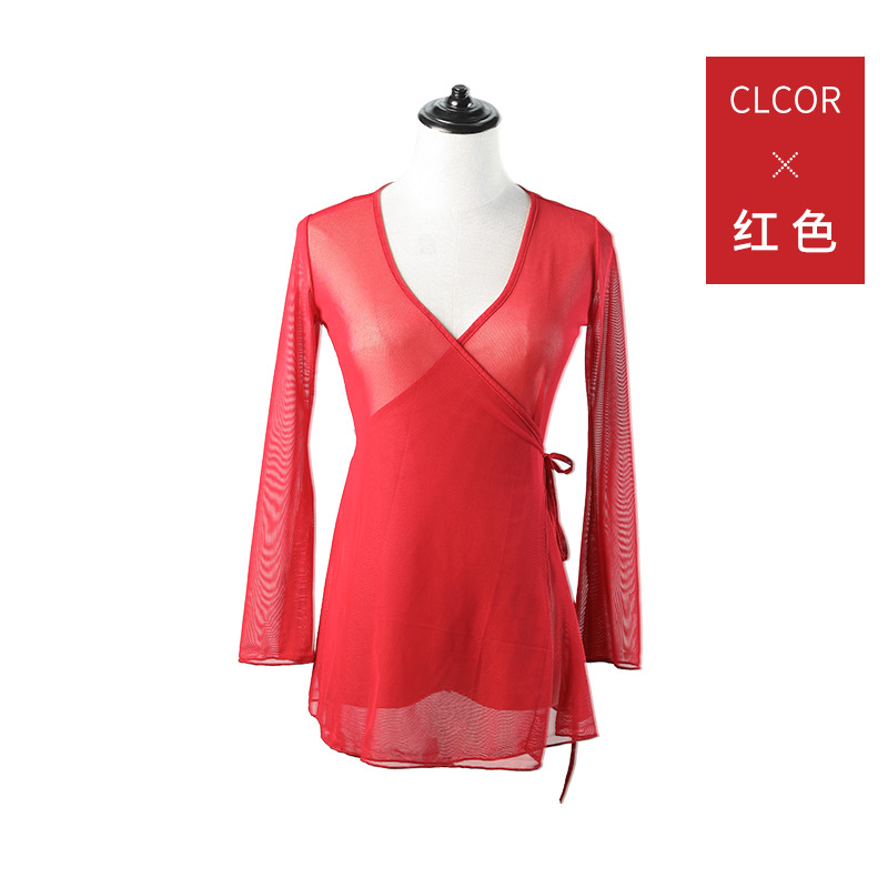 Ropa de baile para adultos de las mujeres ropa de gasa de danza clásica práctica étnica ropa de práctica de baile de malla de encanto de cuerpo superior larga